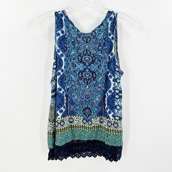 BILA Blue Printed Scoop Neck Embellished Lace Hem Tank Top Women's Size Small - Picture 2 of 10